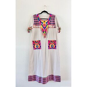 Be Elegant Kaftan Dress Womens Medium Oatmeal Embroidered Tassel Vintage Maxi